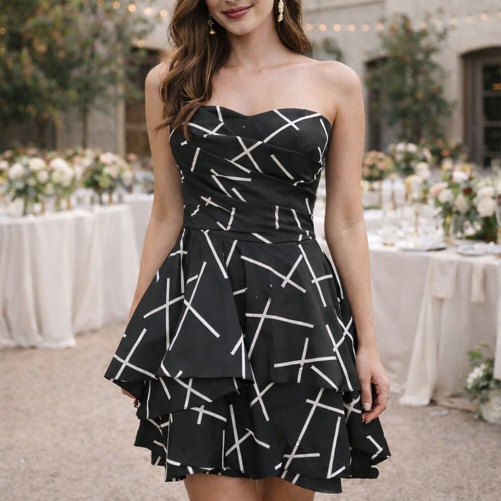 C/MEO Collective SZ S Shaken Up Dress Geo Black Wedding Guest Cocktail Hour